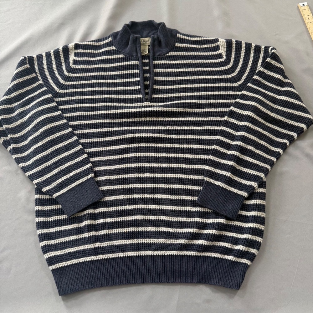 L.L. Bean Navy and White Striped Quarter-Zip Sweater